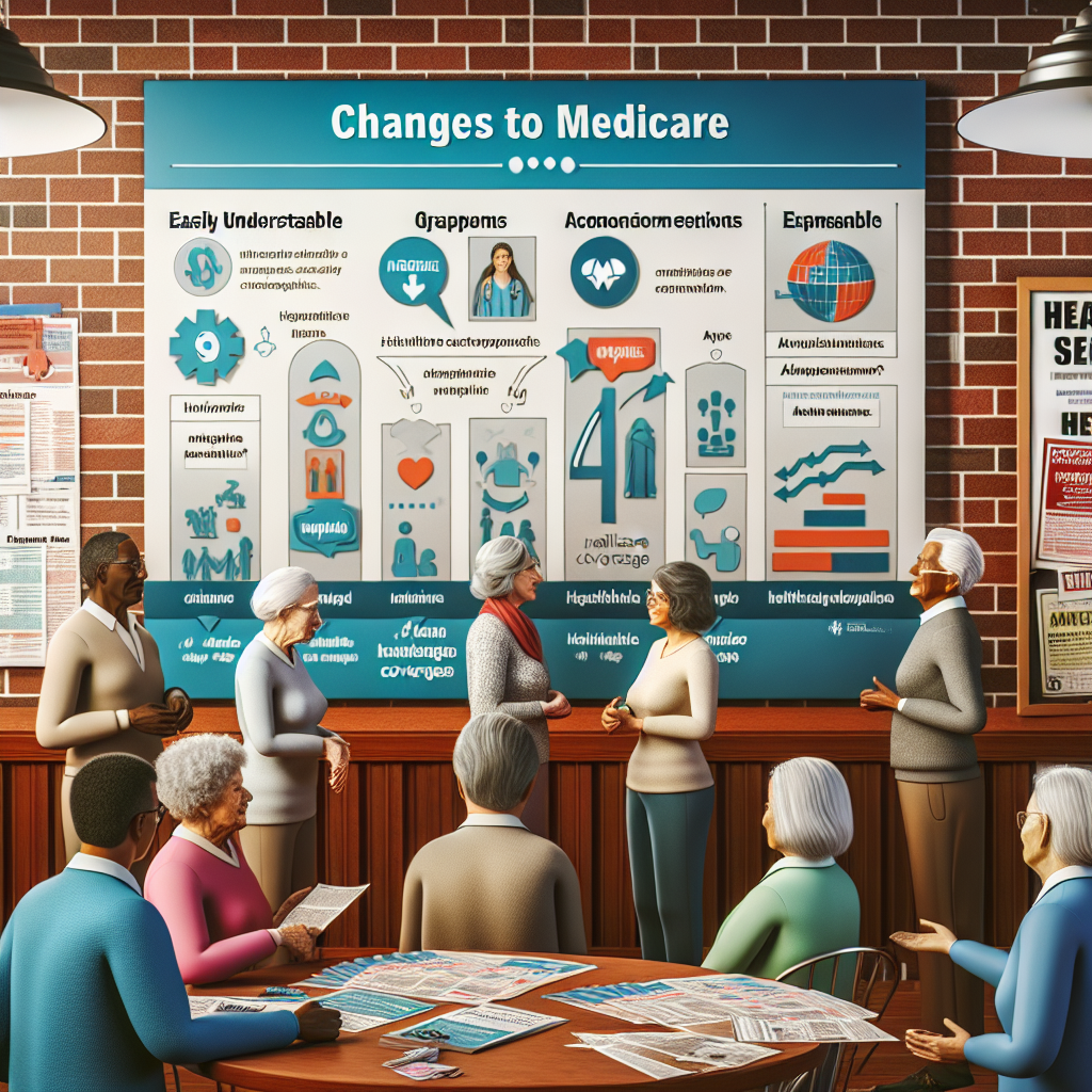 An illustrative image representing changes to Medicare featuring a multiethnic group of elderly individuals of varying genders discussing healthcare plans. A large sign behind them displays easily understandable graphs, acronym definitions, and schematics representing healthcare coverage options. The setting is a well-lighted public space like a library or community center, full of resources such as pamphlets and booklets about healthcare affordability. There is a noticeboard in the background with notices about healthcare meetings and related issues. The overall tone of the image is hopeful and empowering.