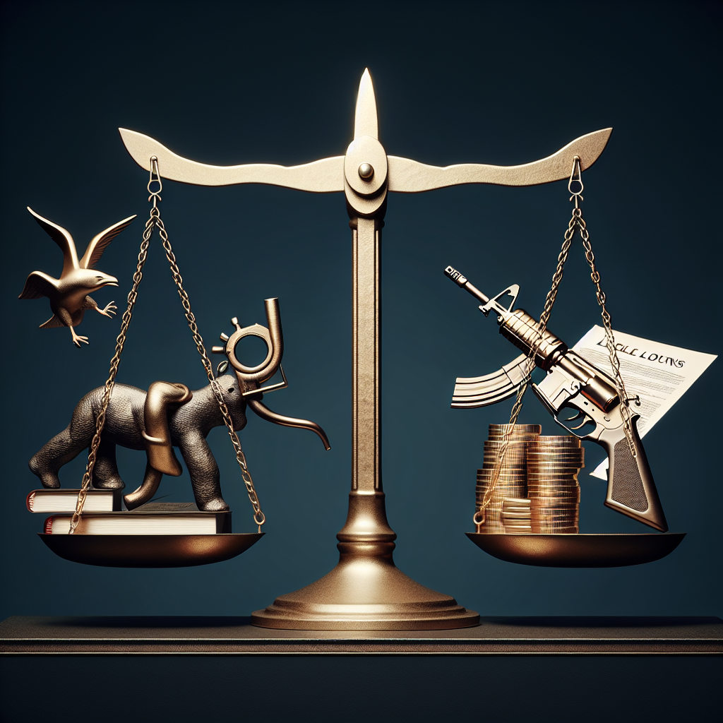 A symbolic representation of the impact of the U.S. Supreme Court rulings on three fundamental issues: abortion, firearm regulations, and loans. Display a scale, symbolizing the court's judgements, balanced with three symbolic references - a broken chain (sign for freedom and strategic decisions on abortion rights), a mixed icon of a firearm and an open book (representing the complex law regulations for firearms), and a stack of gold coins flanking a legal document (indicating the rulings on loans). Make sure to present a serious and respectful tone in the image.