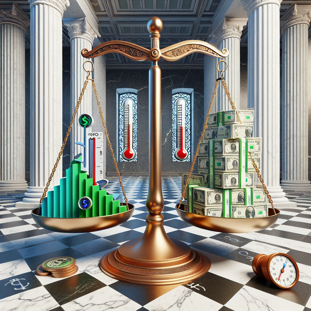 Generate an image of a symbolic representation of the Federal Reserve interest rate decisions influencing the inflation outlook. Picture a large, abstract balance scale in a room with marble pillars and a checkerboard floor. On one side of the scale, illustrate a pile of green dollar bills symbolizing the Federal Reserve interest rates, on the other side, depict a thermometer with the mercury rising, representing inflation. Include in the foreground an hourglass, indicating 'Time', to portray the concept of future outlook. Ensure to incorporate subtle background details that suggest a financial theme.