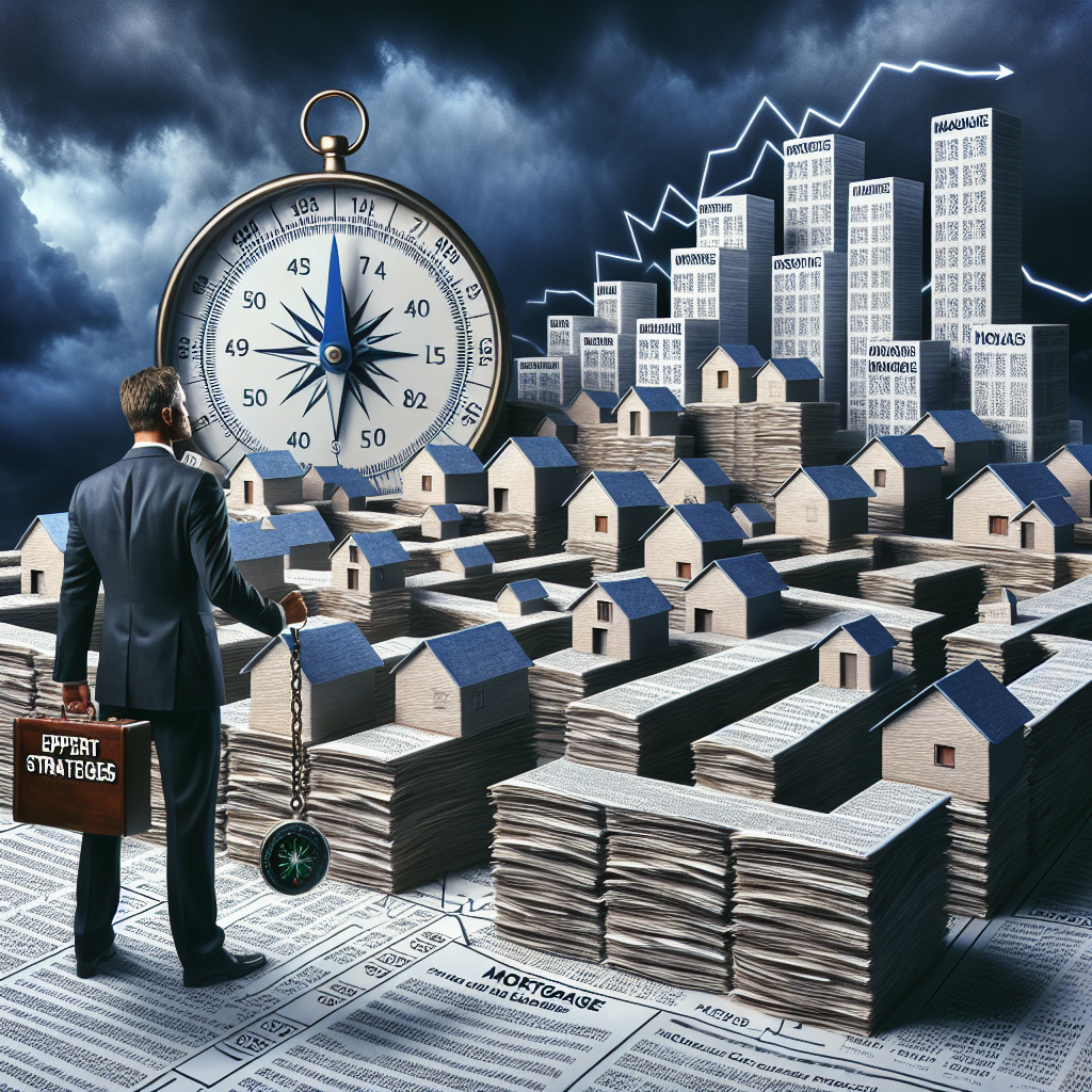 Imagine a complex scene symbolizing the US housing market crisis. In the foreground, show a labyrinth made from towering stacks of paper depicting mortgage documents, with a Caucasian male economist at the entrance, holding a large compass labeled 'Expert Strategies'. Rising from the labyrinth walls are graphs and charts indicating rising mortgage rates. The background should display a tumultuous stormy sky, symbolizing economic uncertainty. Complete the scene with miniature houses interspersed throughout the labyrinth, representing the housing market. Make the setting night for drama. Maintain a realistic style.