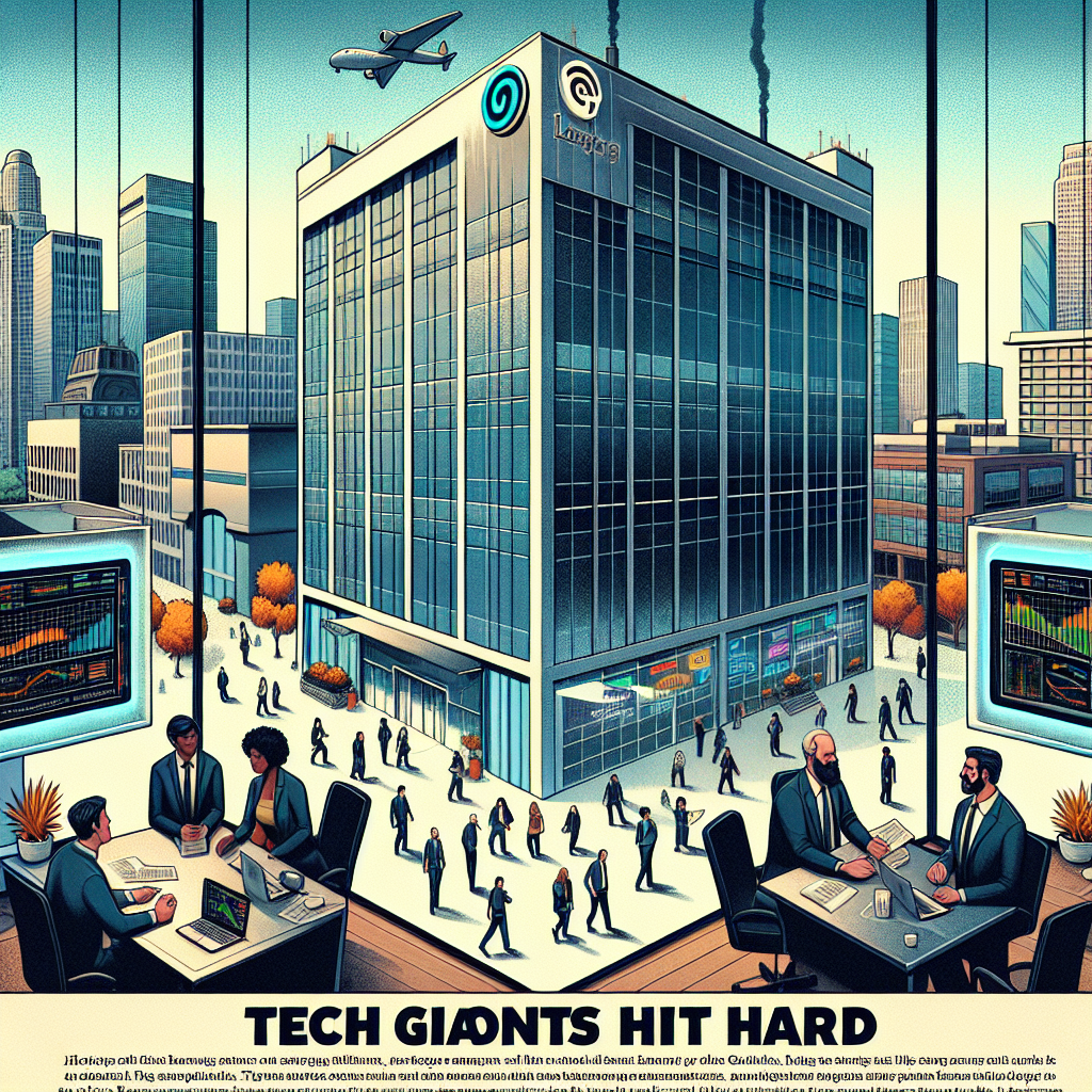 Visualize this situation: A large, modern building with a logo of a tech company on it. The building is in a bustling cityscape with people of diverse descents including Caucasian, Hispanic, and South Asian, moving in and out. Meanwhile, a group of three individuals, a Caucasian man, a Black woman, and a Middle-Eastern man, are seen in a heated discussion in a corner office. They are surrounded by screens displaying graphs and charts, representing financial data. Their expressions show determination and resilience, as they brainstorm different strategies to avoid layoffs. A headline in bold font across the top reads 'Tech Giants Hit Hard: Avoid Mass Layoffs with These Strategies'. This should illustrate a tense but hopeful situation reflecting the current state of tech giants.