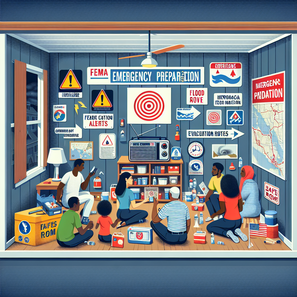 Visualize an informative scene representing FEMA Emergency Preparedness during the Hurricane Season. The scene includes various essential elements like a hurricane warning symbol, a well-stocked emergency kit, flood symbols, and evacuation routes on a map. There's also a diverse group of people gathered around a radio listening to the alerts, including a Middle-Eastern woman, a South Asian man, a Hispanic man, and a Black woman, to demonstrate community preparedness. The setting is a safe room inside a home. The image should evoke a sense of urgency but also preparedness and unity.