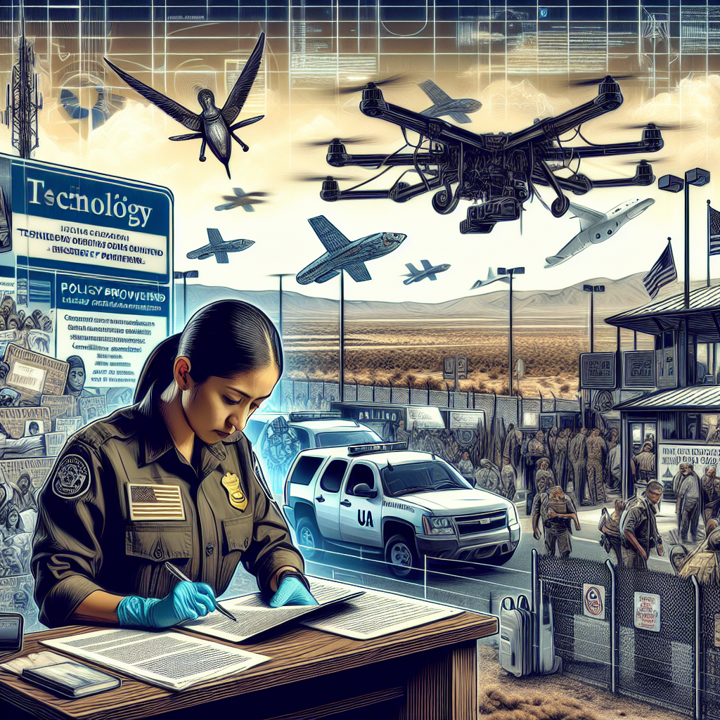 A complex image capturing a scene at the border: In the foreground, a Hispanic female border security agent diligently scanning documents at a checkpoint; in the background, technology improvements like high-definition surveillance cameras and drones patrolling the sky. The setting is a desert landscape characteristic of many international borders. The scene also includes signage indicating policy changes and translations to assist travelers in understanding new procedures.