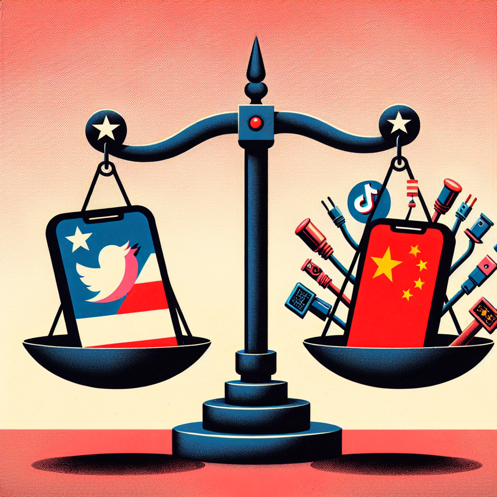 An engaging illustration of a stylized scale tilted to one side, with symbolic items on each end representing the tech tension between USA and China. On one side of the scale, place a smartphone displaying a typical TikTok screen, signifying the TikTok debate. On the other side, show a bundle of cables and circuits, symbolizing technology. In the backdrop, subtly incorporate icons of the US and China's flags - a starred, striped element for US, and a large star circled by smaller ones for China. Keep the overall tone serious and thought-provoking, as this is for a significant geopolitical issue.