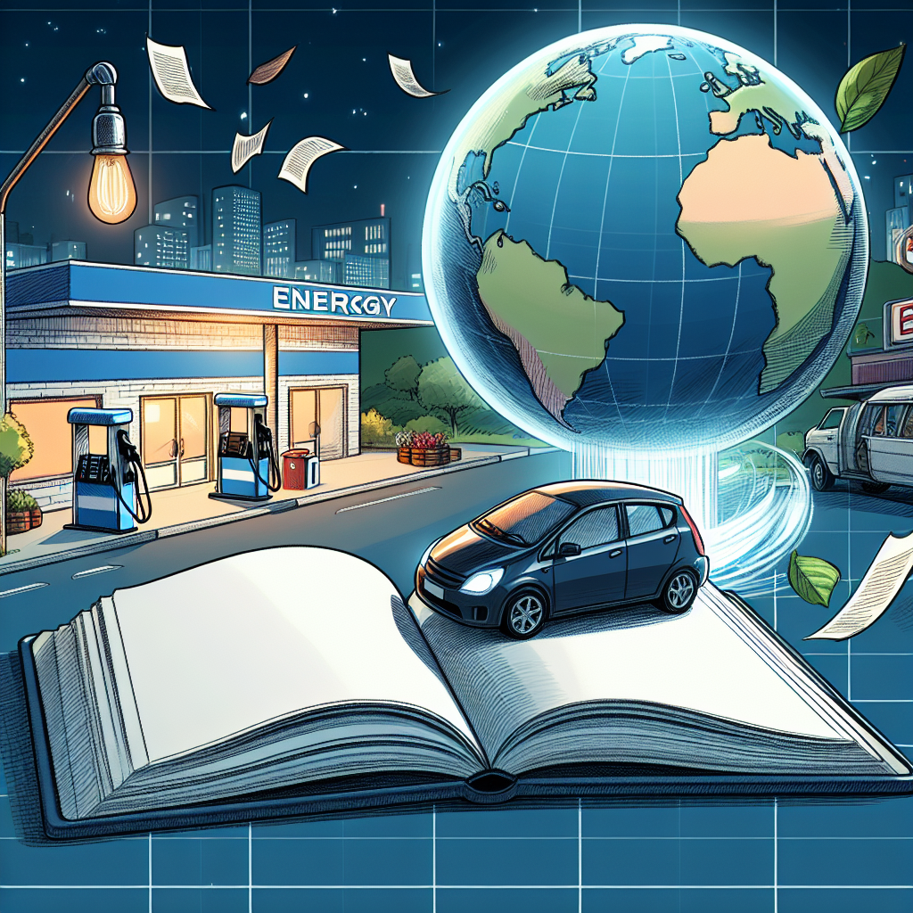 Visualize an animation-like scene with a fuel station at night. Display a large sign outside the station indicating a significant drop in gas prices. Include a globe in the background, signifying world energy. In the foreground, illustrate a book titled 'Energy Policy Shifts', left open with pages fluttering in a gentle breeze. For additional context, sketch a parked, eco-friendly car with a person of African descent standing next to it, looking at the falling gas price sign with a surprise expression.