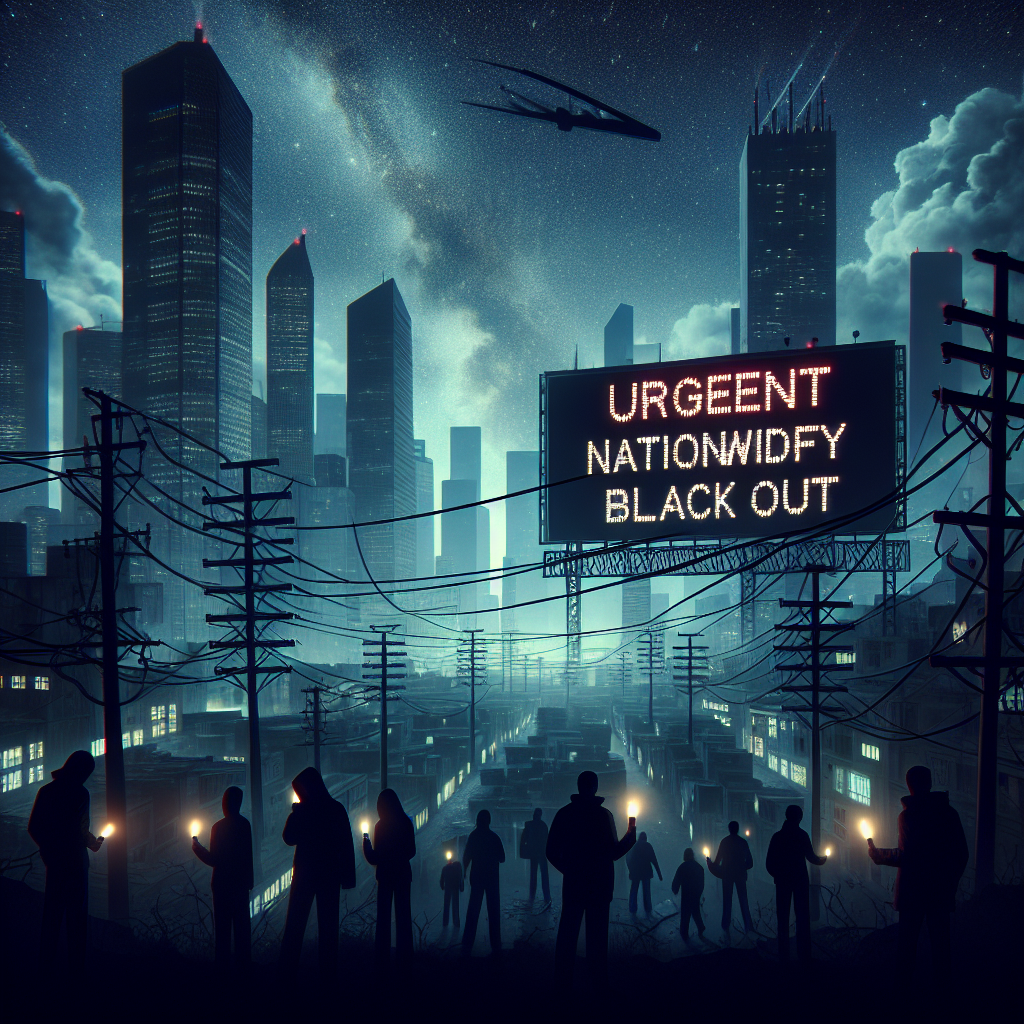 An ominous urban landscape showing a cityscape deeply submerged in darkness due to a nationwide blackout. Skyscrapers with their lights off silhouette against a twilight sky filled with stars. A large, looming signboard displaying the words 'Urgent Nationwide Blackout Warning' stands out in contrast, illuminated dimly by an emergency light. Lines of power grids in the foreground appear disconnected and damaged, symbolizing a failure in the power supply system. Concerned individuals of diverse descents and genders navigate their way through the city using torchlights.