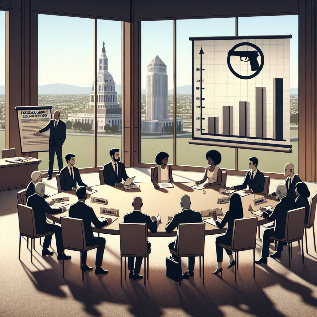 Visualize a formal setting with people assembling to discuss important issues. The scene showcases a round table discussion taking place in a well-lit spacious room with open windows overlooking a calm cityscape. At the table, there are participants of different descents such as Caucasian, Hispanic, Black, Middle-Eastern, and South Asian, equally divided by gender. They are examining documents labeled 'Federal Gun Control Legislation'. In the background, there's a large screen displaying a bar graph with downward trend, symbolizing the reduction in gun violence. Near the screen, a simplified figure of a firearm enclosed in a prohibition sign adds to the discussion theme.