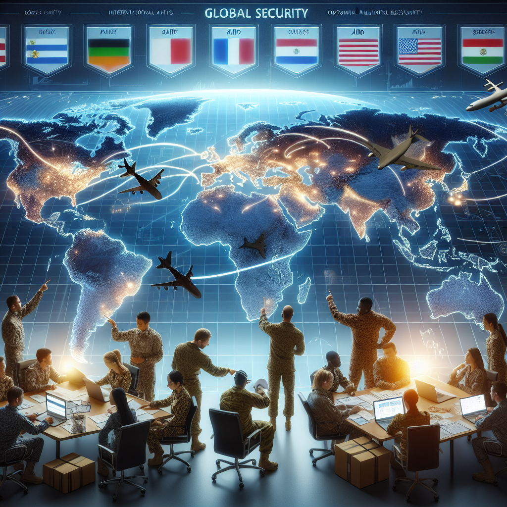 Visualize an intricate world map, with various regions marked by different colors indicating their safety status. Illustrate a group of multi-gender, multi-racial international military representatives gathered around studying it. They're deeply involved in planning, pointing at various regions, discussing documents, and working on computers. Banners stating 'Global Security' and 'Military Aid' hang in the background. Display cargo planes carrying aid supply boxes taking off from various points, leaving vapor trails that circle the globe, symbolizing international cooperation.