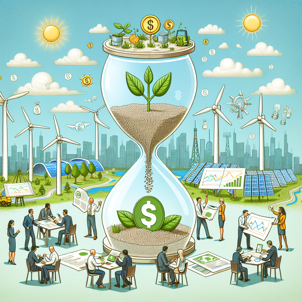 A comprehensive illustration showcasing the concept of clean energy investments. At the center of the scene, a large hourglass is slowly pouring grains, each resembling currency symbols, into a plant emerging from the bottom half. The plant consists not of leaves, but of wind turbines, solar panels, and hydroelectric dams. Diverse people of different descents and genders in professional attire are strategizing around a table, analyzing diagrams and reports symbolizing climate change legislation. The background portrays a clean, green, unpolluted, sunny day in a city with energy-efficient infrastructure. Everything should be bathed in a pleasant, hopeful hue.