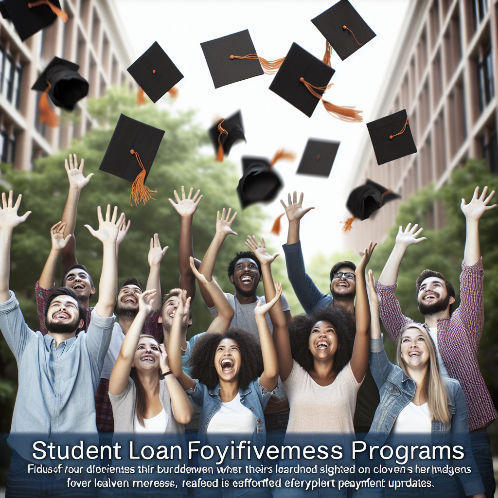 Create an image of a diverse group of students with different descents such as Caucasian, Hispanic, and Black, joyfully tossing their graduation caps in the air in an outdoor setting. Focus on the diverse emotions shown when they realize their burdens are lightened through loan forgiveness programs. On top of this image, overlay text that reads 'Student Loan Forgiveness Programs: Effortless Repayment Updates'. Try to depict a hopeful, relieved atmosphere.
