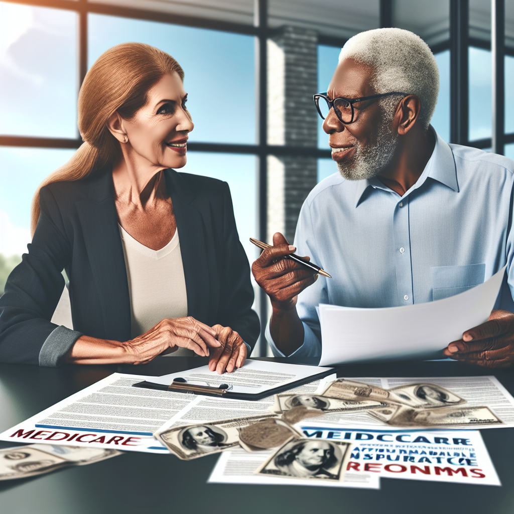 Create an image depicting a constructive discussion taking place between a Hispanic woman in her middle age wearing a formal business suit and a Black man in his early sixties, donned in casual attire. They are pleasantly discussing over a large table filled with papers bearing the 'Medicare' logo, symbolic visual elements of insurance such as policy documents and dollar signs. They are in a modern office setting with a sunny day visible through the prominent glass windows. Please include a clear, separate banner at the top of the image displaying the phrase: 'Medicare Changes: Affordable Insurance Reforms'.
