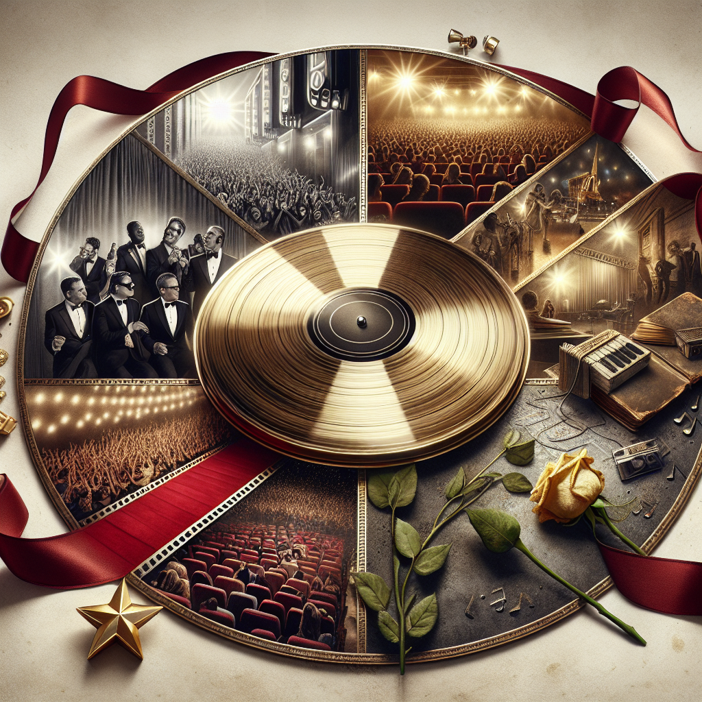 Create a high-quality image depicting various milestones. In one part, show a silver film reel with scenes of actors on a red carpet at movie premieres, backdropped by cheering fans. In another part, represent the music industry, with an ornate gold record reflected in the light of a grand concert stage. Lastly, portray a somber moment with a wilting rose resting atop an old, weathered book, symbolizing the sad news in the entertainment world. All these scenes should be interweaved with a ribbon that bears the text 'Major Milestones'.
