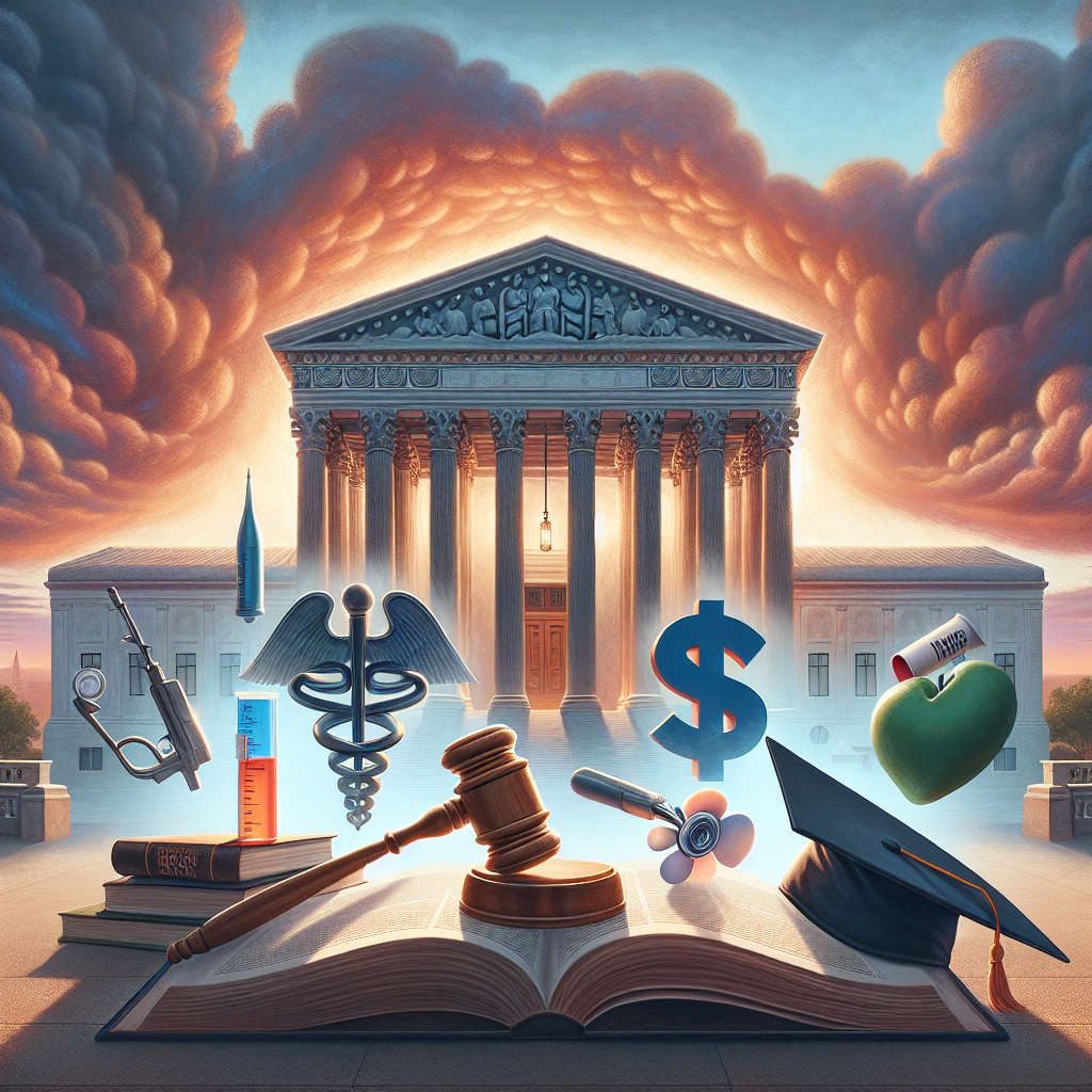 An illustration of a grand, majestic building symbolizing the Supreme Court. Around it, visualize three key symbols: a medical symbol (for abortion discussion), a gavel on top of a stack of papers (representing legal documents about gun laws), and a mortarboard cap with a price-tag hanging off it (signifying student loans). All these elements are gently lit by a soft morning light, demonstrating the significance and seriousness of these issues. The background is filled with a beautiful, expressive sky that transitions from dawn at the bottom to mid-morning at the top, symbolizing change and evolution of time.