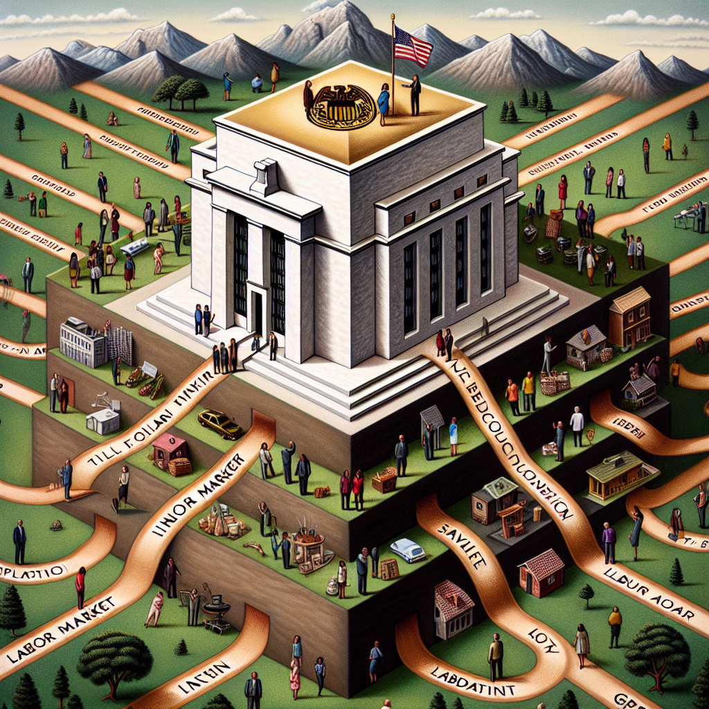 A conceptual representation of the Federal Reserve making decisions on interest rates. Picture a symbolic representation of the Federal Reserve as a grand, sturdy fortress in the center of a vast map, with paths leading to it from multiple directions. Each path is labeled with various economy-related words such as inflation, labor market, and growth. Figures along these paths representing stakeholders - including a small business owner, a farmer, a teacher, and a medical professional - of varying descents such as Hispanic, Middle-Eastern, Caucasian, and South Asian. Atop the fortress, a group of people, an Asian female and a Black male, is seen collaboration, looking upon the bustling scene below.