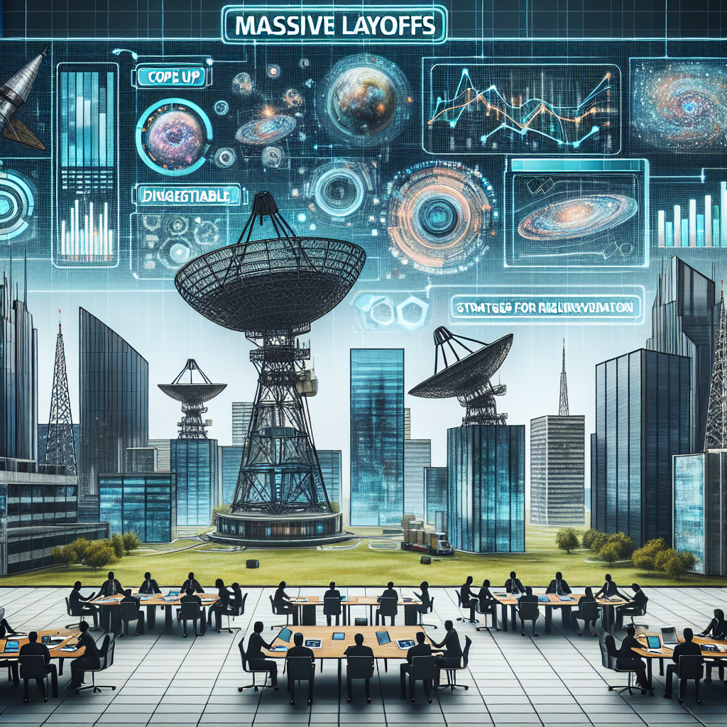 Visual representation of a modern tech center, depicted with tall skyscrapers, satellite dishes, and various computer networks. In the foreground, a sign reading 'Massive layoffs'. Opposite this, digestible analytical graphs and charts showing strategies for cope up. Integrate a group of racially diverse tech professionals, both men and women, having a brainstorming session for rejuvenation solutions.