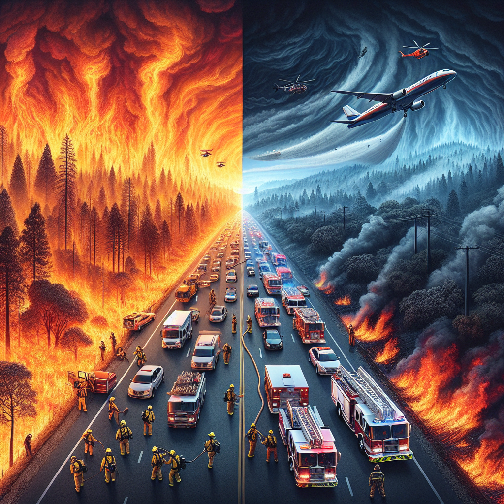 Picture a dramatic scene demonstrating the severity of a wildfire during an extreme heatwave. The image splits into two halves. On the left half, illustrate vibrant flames engulfing a dry forest, with intense orange and red hues casting a fiery glow on the surroundings, plumes of dark gray smoke billowing towards the sky. To further showcase the heat, display illusionary heat waves rippling in the air. The right half should display a fleet of emergency response vehicles on a clear, distant road moving towards the blaze. Show a diverse range of responders, men and women, various descents such as Hispanic, Middle Eastern, Black, each outfitted in firefighting gear, preparing to combat the fire. Cases of water and specialized equipment are being loaded onto trucks. Overhead, a helicopter drops water on the fire.