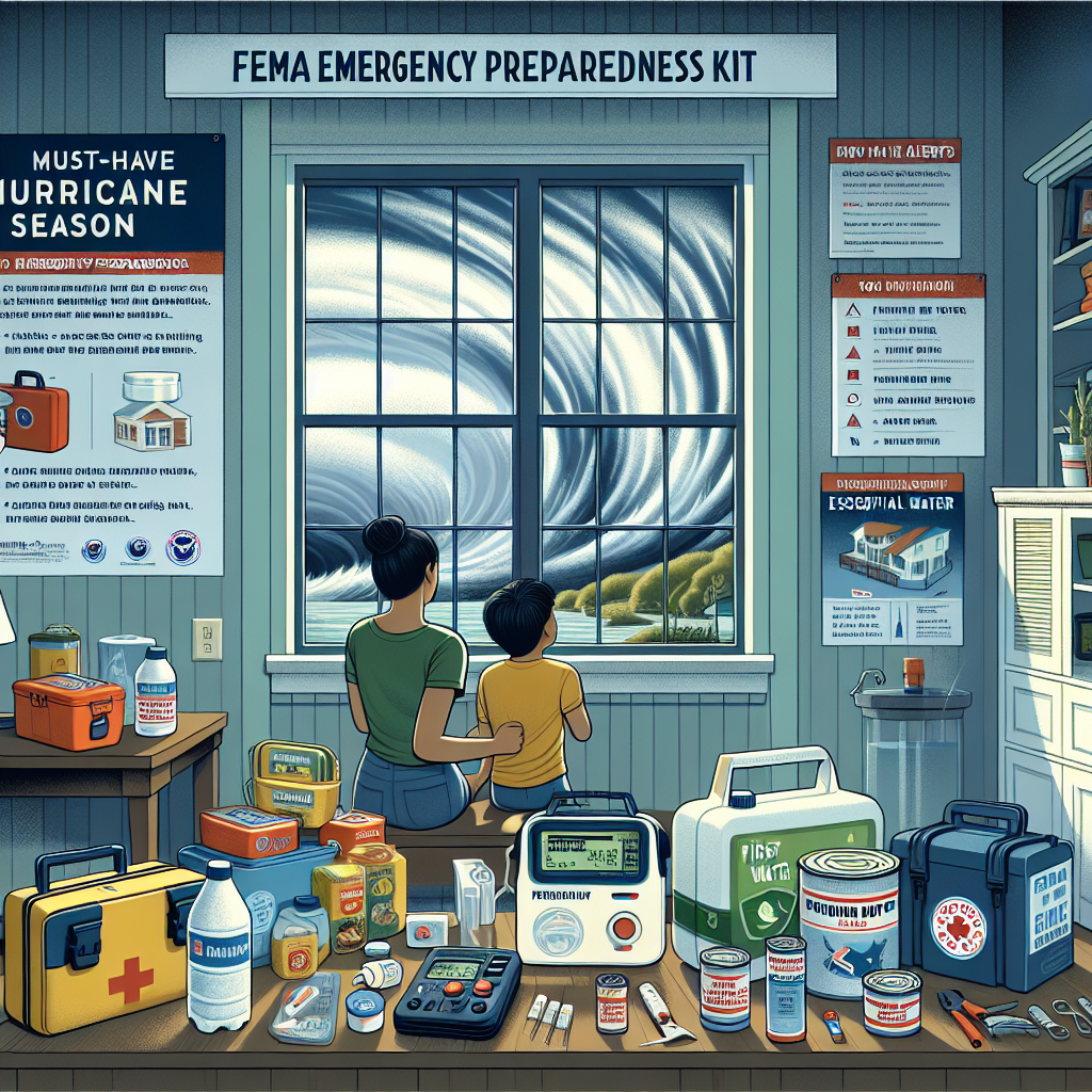 A comprehensive visual representation of FEMA Emergency Preparedness kit for hurricane season. The scene showcases a home's interior, with essential items neatly organized: a radio for alerts, a first aid kit, bottled water, non-perishable canned goods, a flashlight, extra batteries, and a manual can opener. Outside of the window, signify developing stormy weather with dark clouds and high winds. Include an infographic on the wall with a list detailing 'Must-Have Hurricane Season Alerts.' The people inside the home preparing should be a South Asian woman with her Middle-Eastern son.