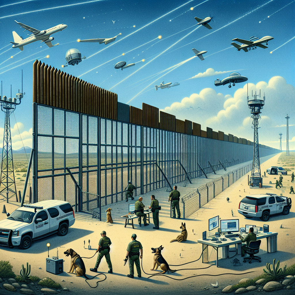 A depiction of enhanced border security: picture a sturdy metal fence or wall extending into the distance across a barren landscape under a blue sky. A patrol vehicle is nearby, and trained dogs are aiding officers in their checks. This physical barrier is interspersed with advanced technological equipment like surveillance cameras, motion detectors, and drones flying above the area. Nearby, a small, well-lit office space shows staff members who look to be analyzing data. Remember to diversify the staff, for instance, you could depict a Middle-Eastern woman and a Hispanic man working together.