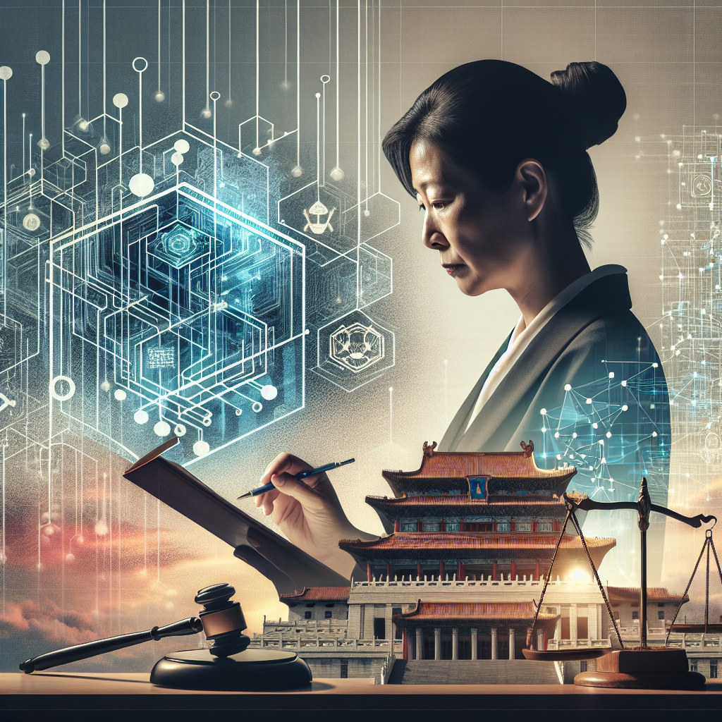An image representing the intersection of modern technology and governance. In the foreground, a mature Asian female official, or policymaker, deeply engrossed in a set of documents titled 'AI Regulations'. The document should detail a graphical representation of AI technology (like algorithmic flowcharts, network diagrams) on one side and legislative symbols (like gavel, scales of justice) on the other side. The backdrop is the silhouette of a traditional government building fused with abstract geometric patterns suggesting artificial intelligence and circuits. The aura of the scene is bathed in soft light under a calm sky, depicting an effortless approach.