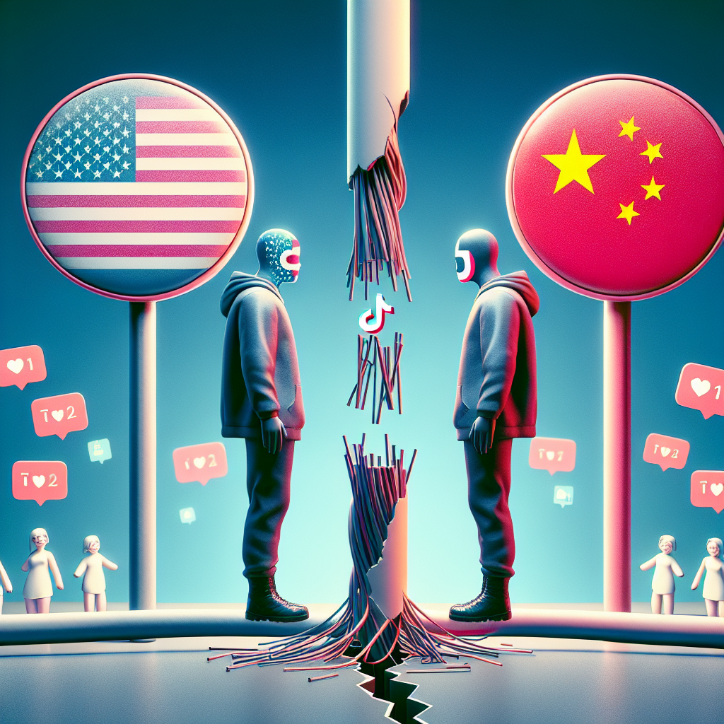 Depict a symbolic representation of the current tech tensions between the US and China. Show two symbolic figures representing US and China, standing on either ends of a broken cable that symbolizes internet connection. In the middle, place a logo representing TikTok, masked by a 'Not Available' or 'Forbidden' sign. Also show some faint images of popular TikTok trends floating around in the background signifying the influence and importance of the platform.