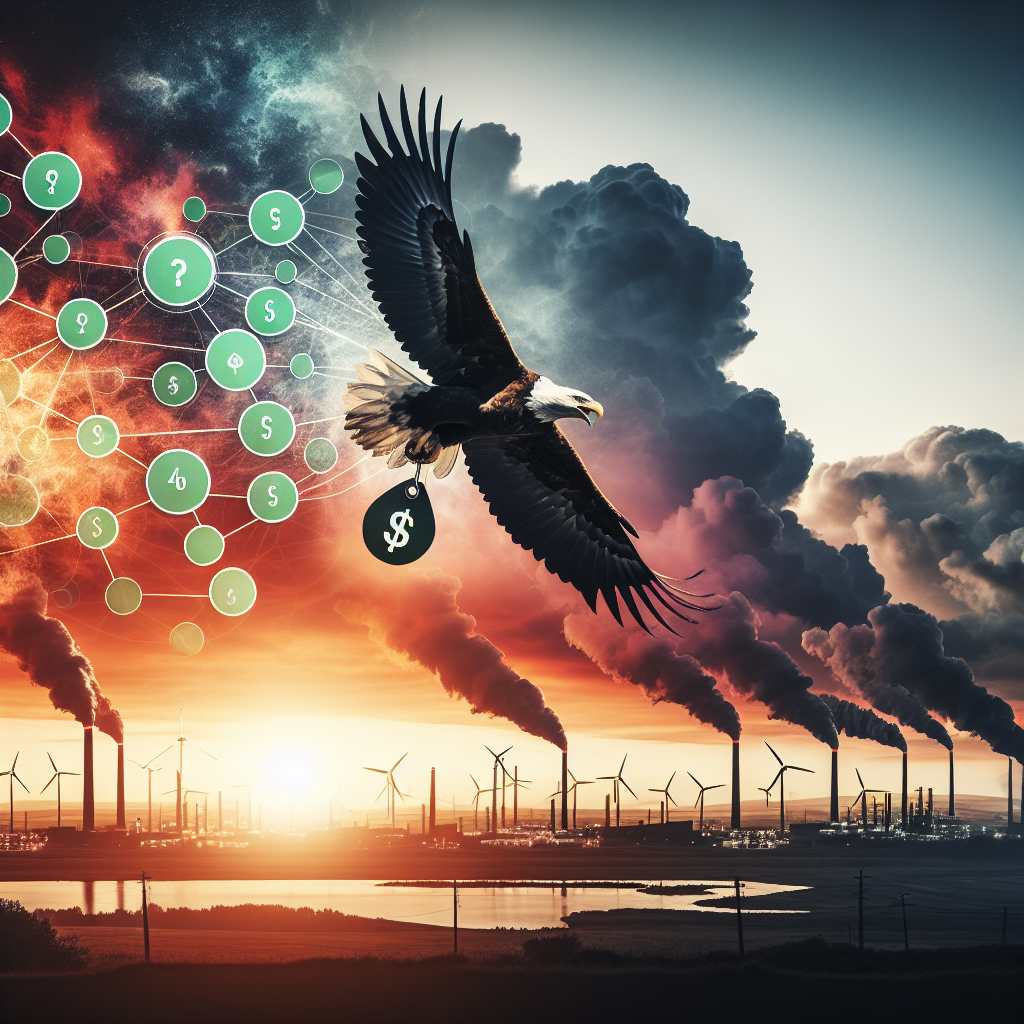 A dynamic image of a soaring eagle silhouetted against a cloudy sky, which is lit ablaze with the fiery colors of a sunset. The eagle clutching a price tag in its talons, the tag reading 'Gas Prices'. Below the eagle, a patchwork landscape of industrial facilities, with chimneys blowing smoke, transforming into wind turbines and solar panels under a clearing sky towards the horizon. The energy shift is depicted progressively, showing the change from traditional energy sources to renewable ones. An overlay of light green circles, representing the best strategies for energy policy changes, connecting the various renewable energy sources.