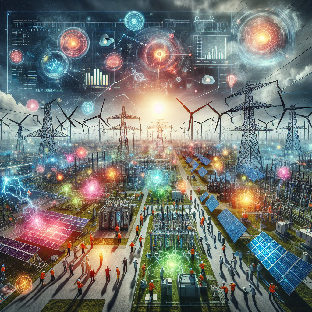 An aerial shot of a complex power grid system, pulsating with electricity displayed in bright, vibrant hues. Spread across, there are fields of wind turbines, solar panels, and power stations, connected by a network of transmission lines. Men and women with diverse descents such as Caucasian, South Asian, and Hispanic visibly working on implementing safety measures. Charts and diagrams showing prevention strategies hover over the scene. The atmosphere hints at seriousness, underscored by looming storm clouds and the hint of a humming electrical energy. The scene symbolizes a nation's effort to prevent a potential blackout.