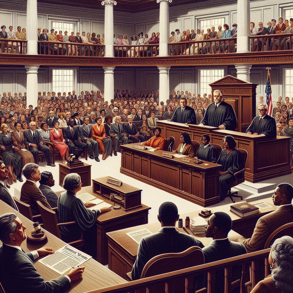An illustration of a large, grand courtroom setting in the United States, featuring a Caucasian male judge seated at an elevated desk, a diverse group of jurors in the jury box, a Black female prosecutor presenting a case to the court, a Middle-Eastern male defense attorney counterarguing. The room is filled with spectators of various descents, eagerly listening to the proceedings. Front and center, a piece of paper with the title 'Essential Verdicts Revealed' can be seen. Depict an important document like the Constitution or Bill of Rights at a respectful position within the scene to represent the relevance to high-profile criminal trials.