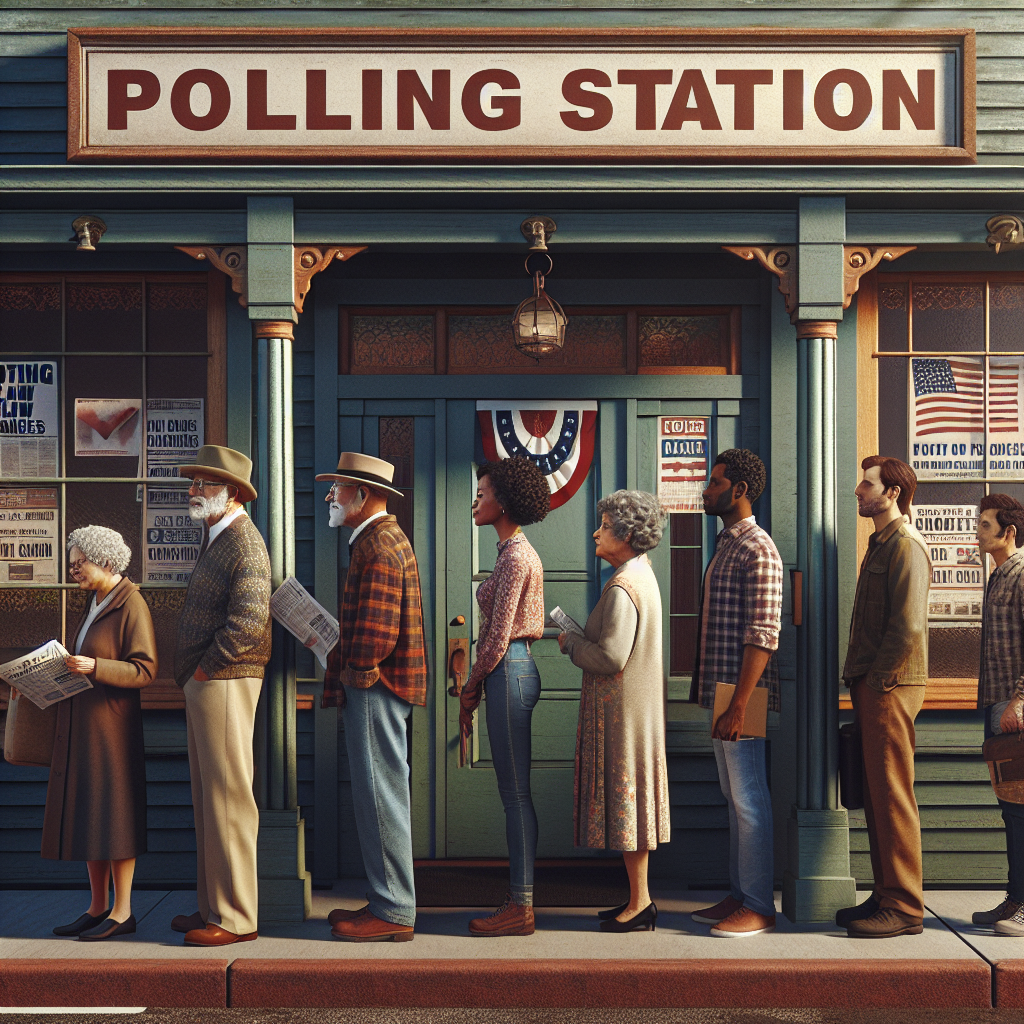 An image showing a group of diverse people lining up in front of an old-fashioned polling station. The polling station is a charming, aged wooden building with large glass windows adorned with subdued colors. There is a sign hanging above the door that reads 'Polling Station'. Most prominently seen in the line is an elderly South Asian woman, a young Hispanic man, a black adult woman, and a middle-aged Caucasian man. Some of them are holding newspapers with headlines referring to 'Voting Law Changes' and 'Updates After US Election'.