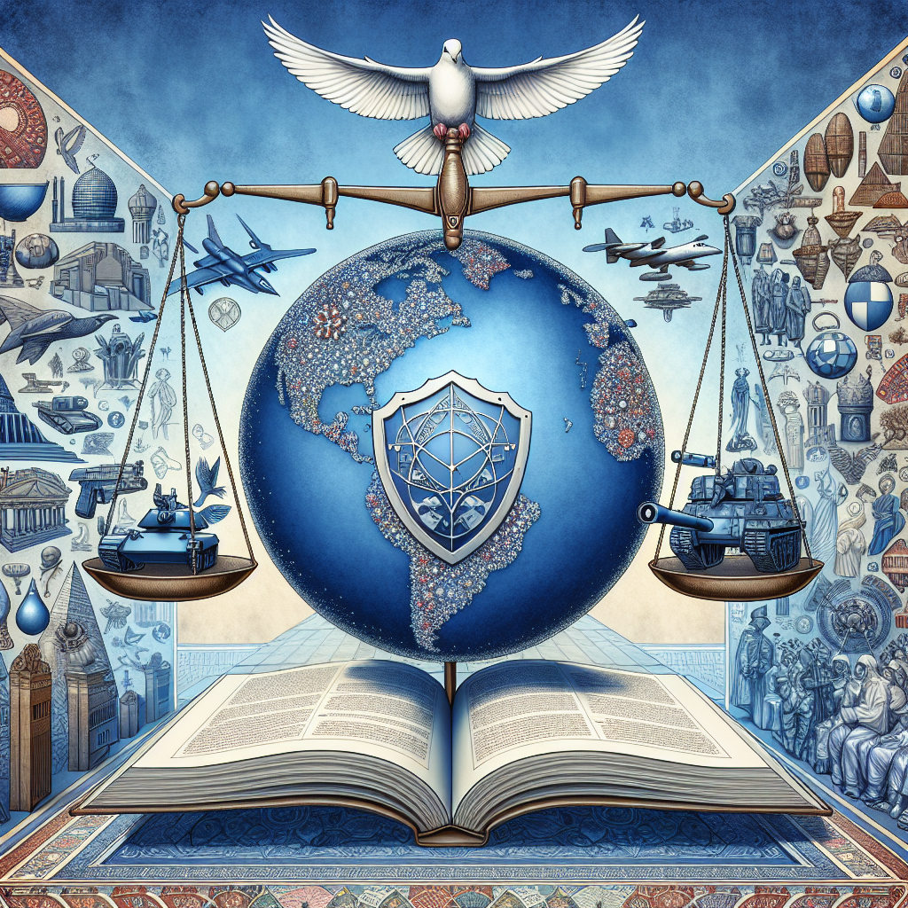 Visualize a symbolic representation of global security. Show a globe at the center, spread with interconnected dots, symbolizing cooperation and networking. Above the globe, a pair of scales sit evenly balanced; one side holds a dove, representing peace, and the other side carries a shield bearing the symbols of various military elements like tanks, fighter jets, and battleships. Below the globe, there is a large open book with the words 'Best Strategies' written on it. The background is filled with different cultural monuments from around the world - like pyramids, pagodas, Europan cathedrals, and African huts.