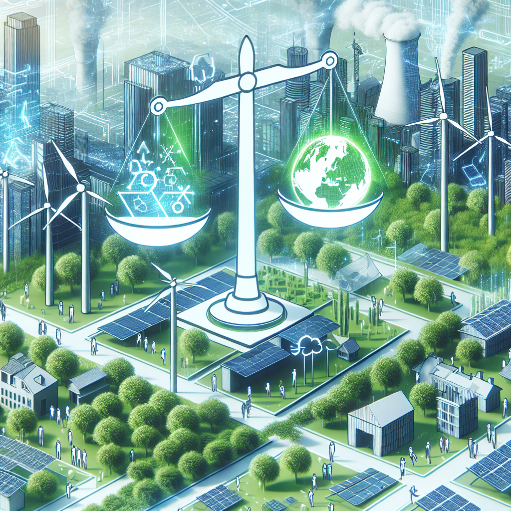 Illustrate a futuristic image that infuses the theme of clean energy investments and climate change legislation. Show a blend of technological advancement in renewable energy such as a wind turbine and solar panels in a cityscape. The city should be populated with greenery and lush parks showcasing a successful transition towards green energy. Also, visualize a prominent, balanced scale symbol to represent 'legislation', its pans holding a clean energy icon and an earth icon implying prioritizing climate change laws. Don't forget to incorporate different people of various descents and genders working harmoniously in the city for a touch of inclusivity.