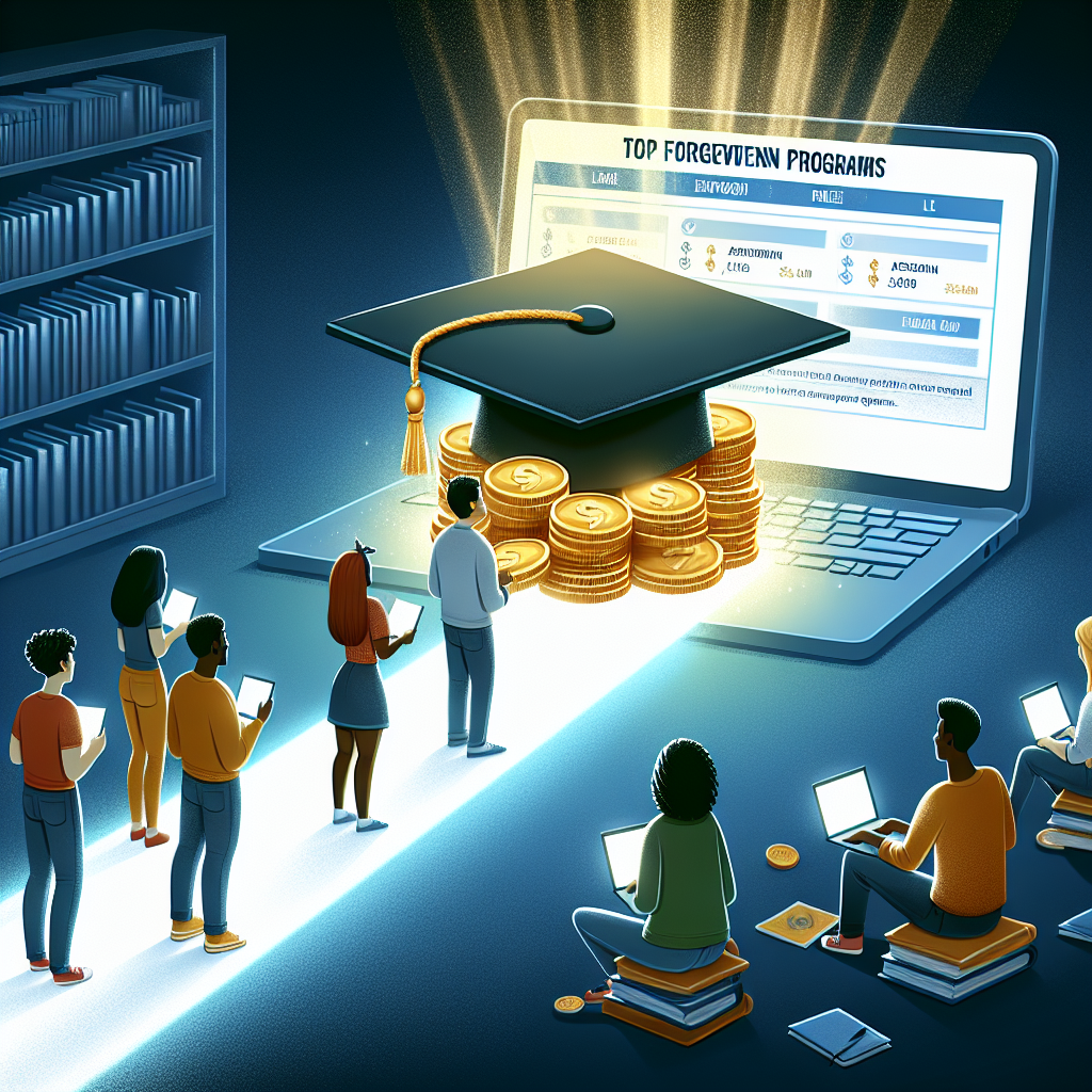 An image showcasing an illuminated pathway leading to a graduation cap, symbolizing the journey that comes with student loans. On top of the cap, a pile of coins to signify repayments. Emerging from the cap is a bright light, representing the relief brought by forgiveness programs. In the foreground, an open laptop shows a list of top forgiveness programs. A diverse group of students, consisting of a Black male, a Hispanic female, an Asian female, a Middle-Eastern male, and a White male, joyfully read the information on the screen.