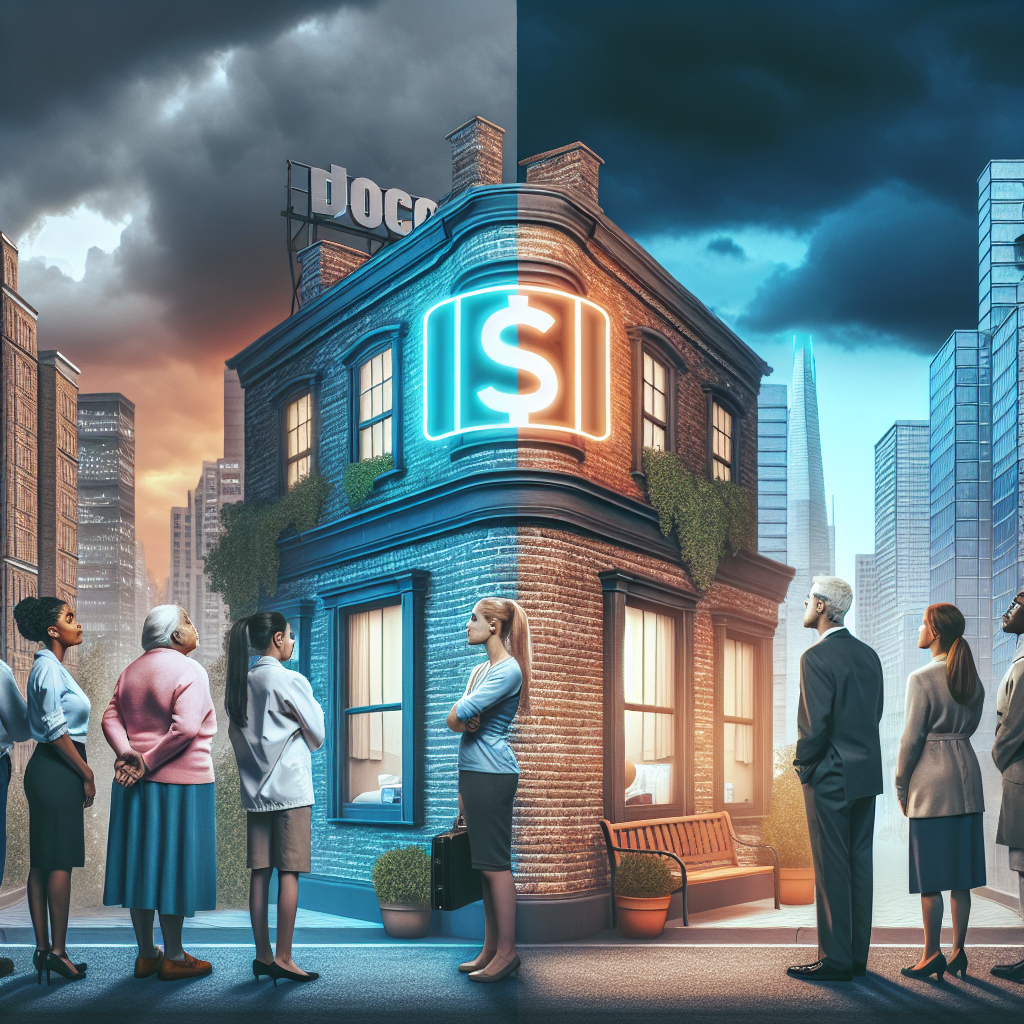 An image related to health care changes, specifically related to Medicare reforms. It is urban, filled with mid-rise brick buildings with a doctor’s office visible. The sign on the doctor's office changes from showing a dollar sign to symbolizing a helping hand, signifying the transition towards more affordable care. A group of diverse people, including South Asian woman, a Caucasian man, Black woman, and Middle-Eastern man, are shown where in the foreground, they are looking at the sign change with mixed emotions of hope and concern. The sky, shifting from a stormy grey to a peaceful blue, represents the changes in healthcare affordability.