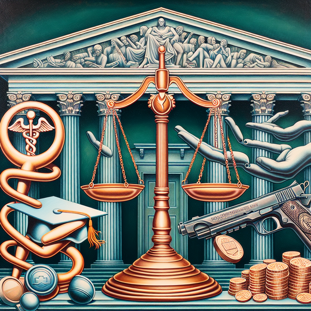 An elaborate image that represents three major themes in US law: abortion, gun laws, and student loans. The painting is styled in a classic American courthouse. On the left side, envision a symbolic representation of abortion rights, perhaps a simple medical emblem intertwined with a women's rights symbol. In the center, a set of scales balancing a graduation cap, representing student loans, and a pile of coins, indicating the financial burden. On the right side, a lawful gun representation to illustrate gun control laws. The overall scene is in a context that implies justice, fairness and societal issues.