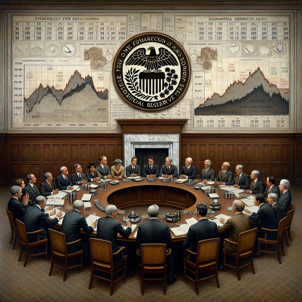 A detailed scene of an economic roundtable discussion. In the middle of the room is a large wooden table with documents, graphs and charts showing inflation rates and other economic indicators scattered across it. Around the table sit several individuals of varying genders and descents, engrossed in an intense discussion. The walls are adorned with clocks set to different time zones, indicating their global reach. To capture the 'Federal Reserve' aspect, include an insignia or emblem with an eagle and stars in the background. The mood should reflect seriousness and concentration.