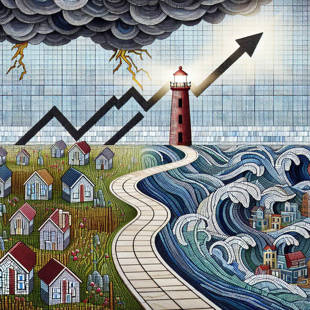 Imagine a complex mosaic that provides a visual representation of the US Housing market faced with the crisis of rising mortgage rates. On one side of the mosaic depict a stormy sky over a field filled with houses of different styles, signaling the trouble in the housing market. The other side of the mosaic portrays a lighthouse, standing robust amid the storm, symbolizing guidance and strategy. A narrow path leading from the stormy field to the lighthouse represents the navigational strategy to overcome this crisis. Intersecting the mosaic, draw a rising graph to symbolize the increasing mortgage rates.