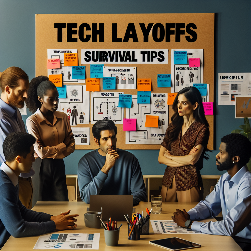 In an office setting, a mixed group of professionals composed of a Caucasian female software developer, a Hispanic male project manager, a Black female HR specialist, and a Middle-Eastern male CEO gather around a table. They are deep in discussion with a bulletin board in the background that reads 'Tech Layoffs: Survival Tips'. Various sticky notes and multimedia materials cover the board, outlining strategies such as upskilling, networking, and savings. The overall atmosphere should be serious yet hopeful, signaling a determined resolve to meet the challenges head-on.