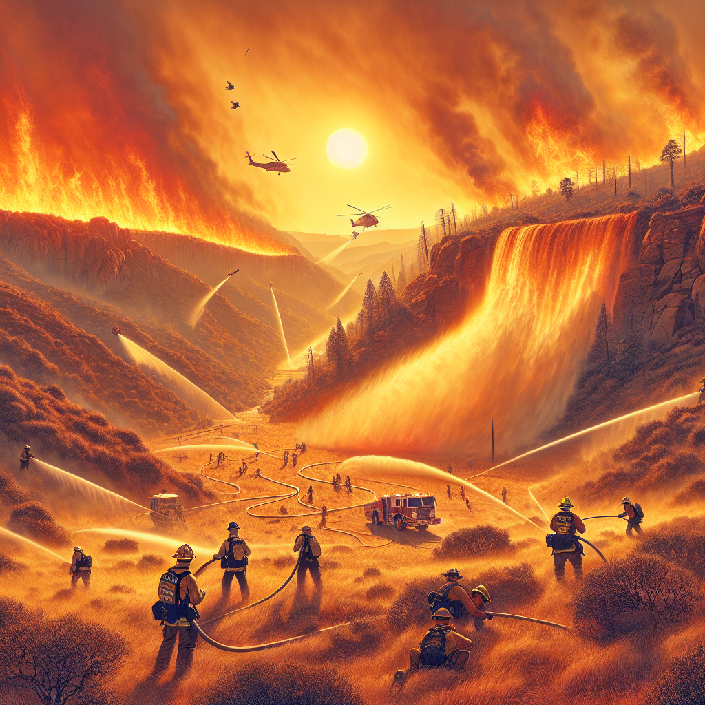 Visualize a dramatic scene of a heatwave in the American wilderness. The sky is orange with the setting sun and the land is rugged with dry, parched vegetation. Firefighters of various descents and genders work tirelessly, coordinating efforts to control a wildfire. They use advanced techniques and equipment: long hoses spraying copious amounts of water, helicopters pouring water from above, and bulldozers creating firebreaks. The sense of urgency, the coordination, and the strength of these brave individuals are all well depicted in the scene. All of this, under the banner 'Heatwave Havoc: Best Strategies to Combat US Wildfires'.