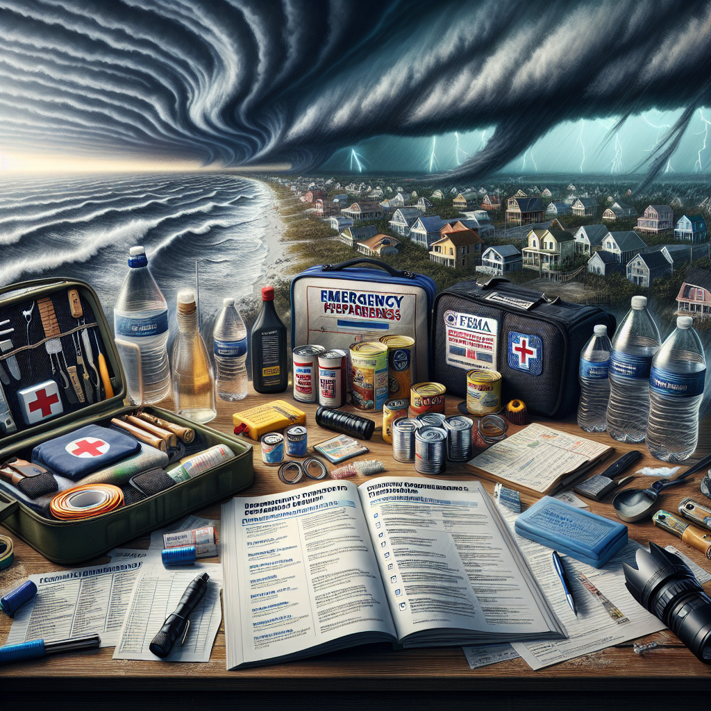 A visual representation of a complete emergency preparedness kit for hurricane season. It includes necessary items such as first-aid kit, bottled water, canned food, flashlights, and batteries. The items are laid out on a table with a detailed checklist next to it. The background consists of a stormy scene in the distance with dark clouds looming over a coastal area. In the foreground, there is an open book titled 'FEMA Emergency Preparedness Updates' with essential tips listed on the pages. The image conveys a sense of urgency but also preparation and resilience.