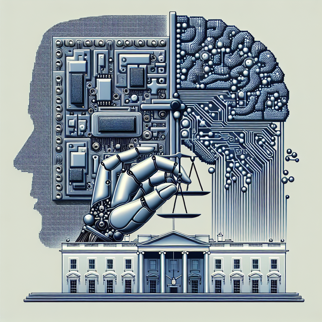 Generate an image showcasing the concept of 'AI Regulation'. It should be a visual representation of an abstract concept: a array of artificial intelligence representations like humanoid robots, circuit board networks shaped like a brain, or a mechanical hand holding a scale (symbolizing balance and fairness). In the background, there should be a stylistic representation of the white house, hinting at the policy aspect, but avoiding direct depiction of political figures or direct symbols of the US government. The color palette consists of metallic greys for the AI components and whites and blues for the White House.