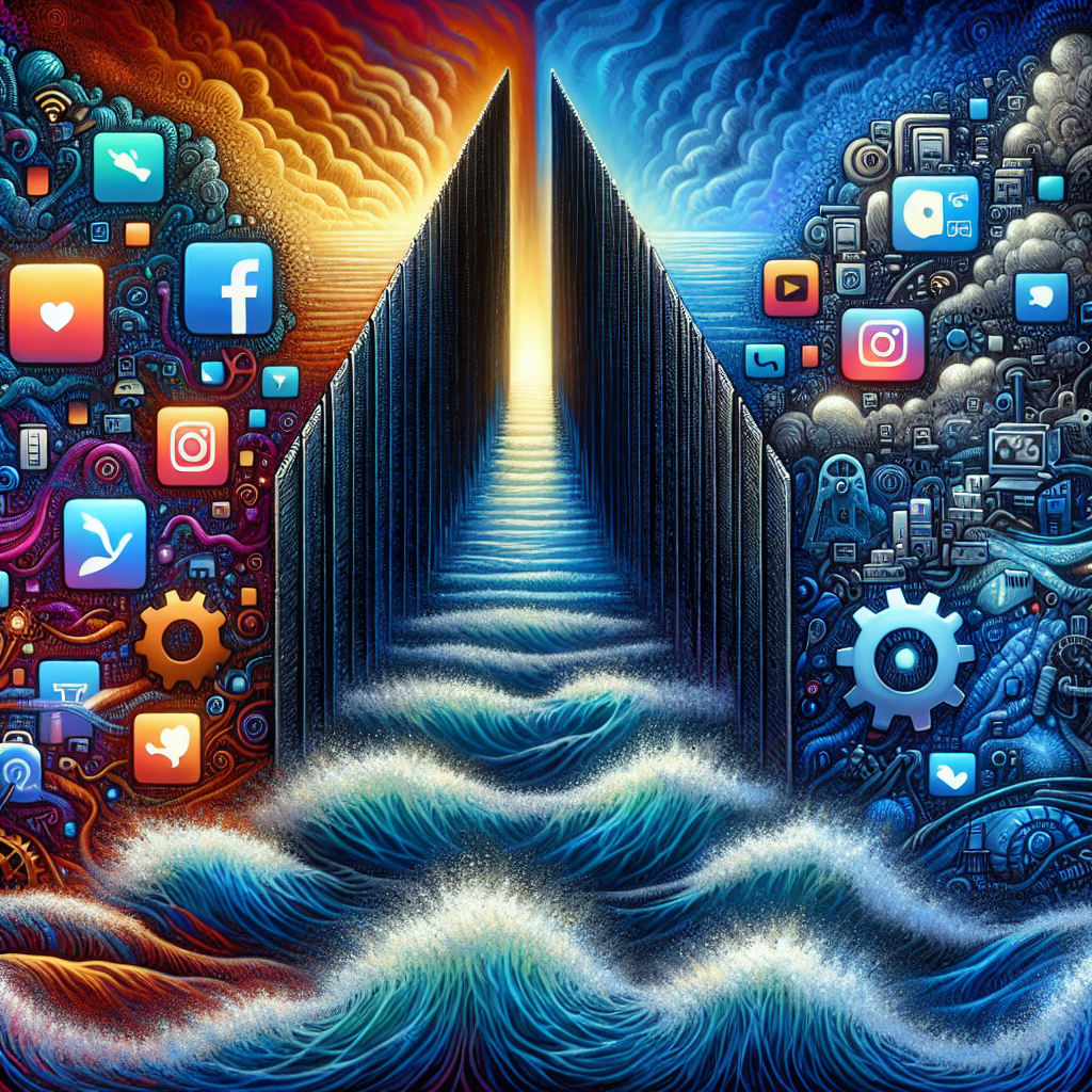 Depict an artistic representation of the escalating tech tensions between two countries. Illustrate a pair of large, abstract representations of two landmasses, indicating two countries. On the one side have glowing icons of social media apps and streaming platforms. On the other side, there's a large, imposing firewall. Show these two sides separated by a massive ocean with stormy waves. There are symbolic representations of technology like gear and wires tangled underneath the ocean. No specific flags, national symbols, or real-life politicians should be included. Ensure to keep the colors vibrant and the strokes bold.