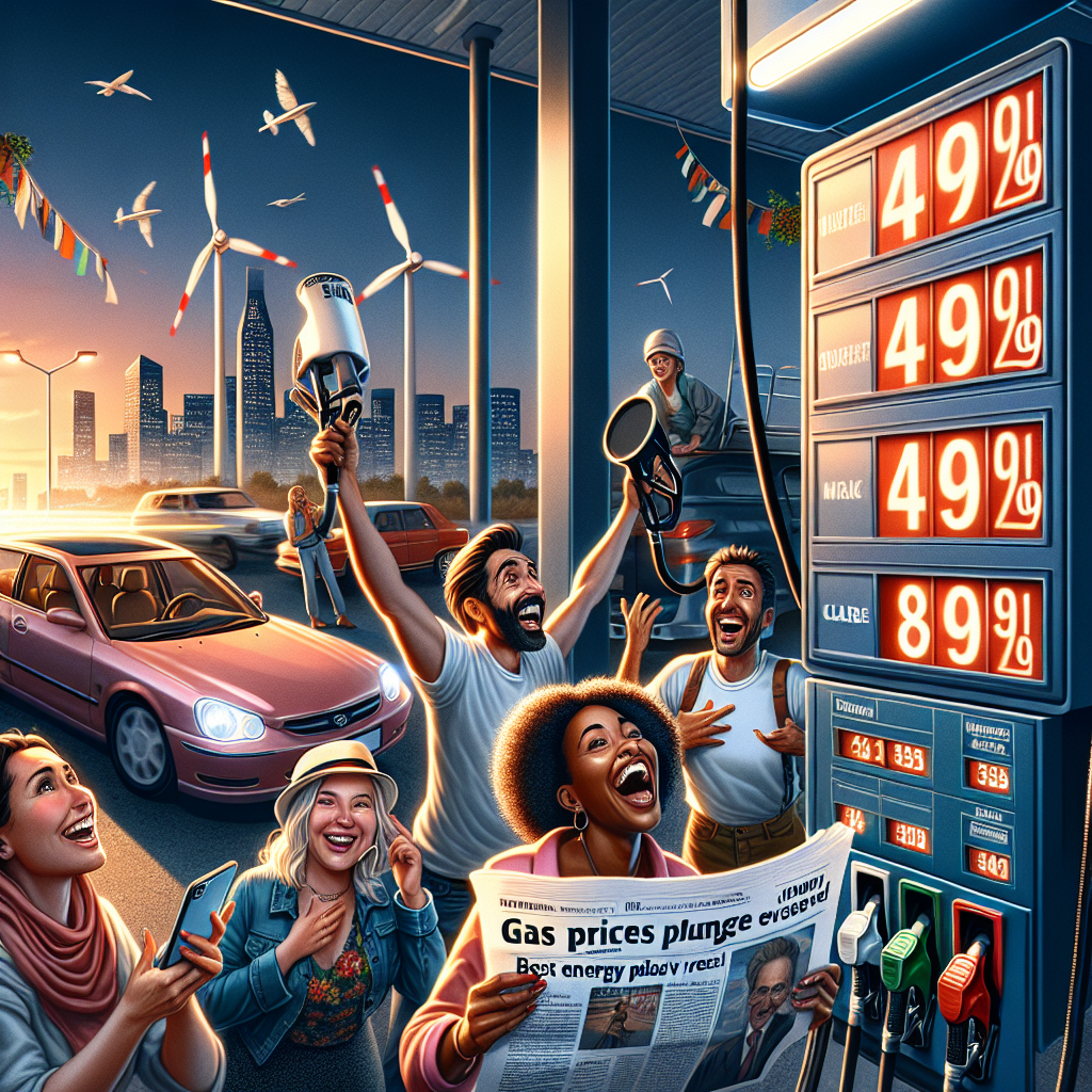 A late evening scene at a gas station where the price display board shows significantly reduced rates. On one side, a diverse group of people cheer in sheer joy. An excited Caucasian man fills up his car, a Middle-Eastern woman takes a picture of the price board, and a jubilant Black woman throws her hat in the air. On the other side, a newspaper, clear and legible, reads: 'Gas Prices Plunge: Best Energy Policy Revamp Effortless'. Outside the station, a skyline of the city glows in the twilight with windmills twirling in the horizon, signifying clean energy alternatives.