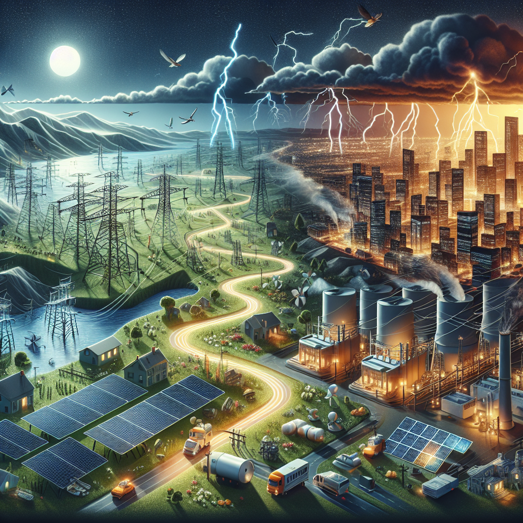 A scene illustrating the concept of energy resiliency with a focus on power grid systems. A large network of power lines crossing a diverse landscape, with a city on one end and a power station on the other. Alongside, depict a series of preventative measures employed to avoid nationwide blackout, such as backup power generators, solar panels, and wind turbines. Include weather challenges like lightning, storms, and strong winds attempting to disrupt the energy-flow. Please make it dramatic and informative, using deep night colors and selective lighting to express the fragility of our system and the importance of these solutions.