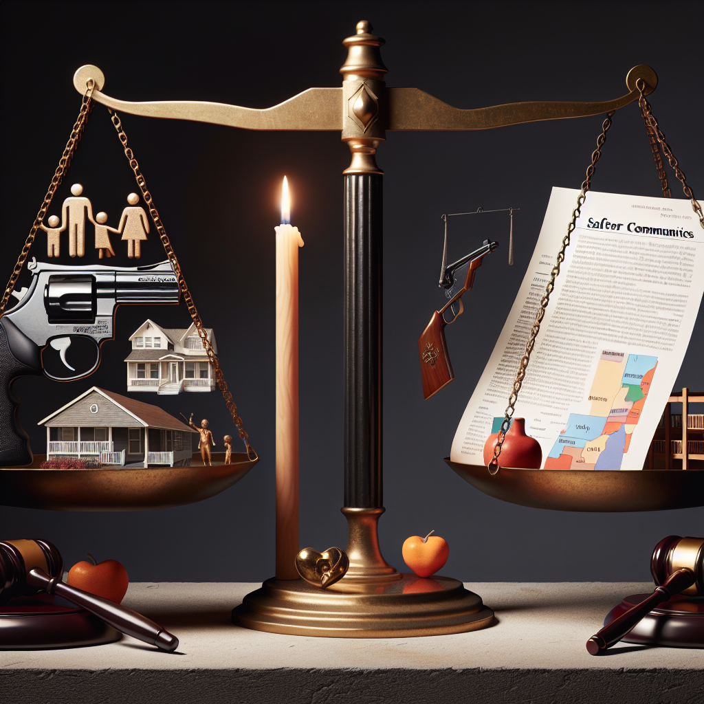 An image representing the concept of gun violence and the need for federal legislation for safer communities. Depict a scale where on one side there's a representation of gun violence; perhaps a revolver or assault rifle, a demographic map indicating areas afflicted with violence, and a candle symbolizing mourning. On the other side, show a representation of legislation, like a gavel, a document possibly denoting a law, and elements that symbolize safer communities such as a peaceful neighborhood, a playground with children belonging to various descents - Hispanic, Asian, White, Black, and Middle-Eastern. Ensure an overall serious and solemn tone to impulse the necessity of this balance.