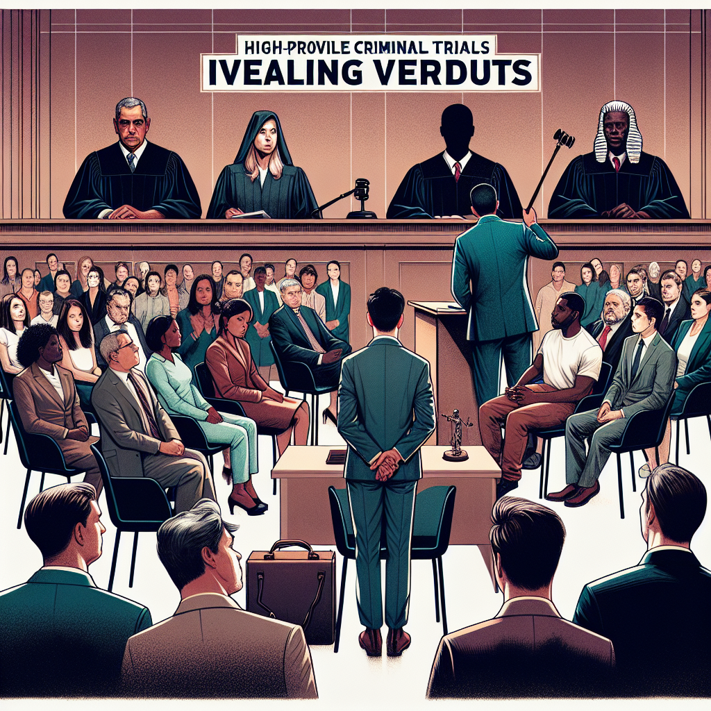 An illustration of a courtroom scene, with a diverse group of people including, a Hispanic male judge, a black female prosecutor, a Caucasian male defense attorney and a South Asian female defendant. At the centre of the room is a witness stand with an anonymous person testifying. The room is packed with a onlookers of different genders and descents. The judge is about to strike his gavel down, symbolizing the imminent announcement of a verdict. In the background, the phrase 'High-Profile Criminal Trials: Unveiling Verdicts' is illustrated in bold letters.