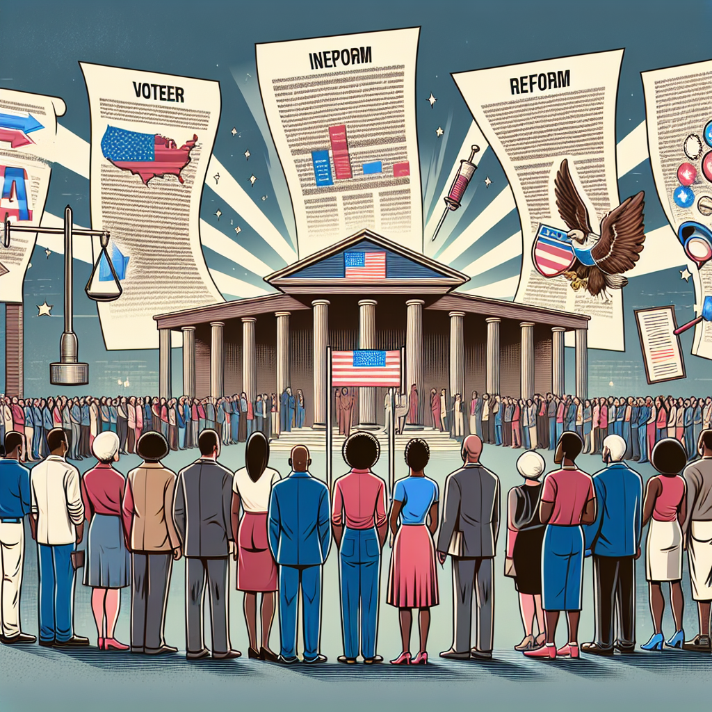 Image of a diverse group of potential voters in the United States, depicted with a variety of ages, genders, and descents, such as Caucasian, Hispanic, and Black. They are standing in front of a polling station. Some of them are reviewing voting laws on large, interpretive signs or leaflets. The scene also includes symbols of democracy, for example a stylized eagle, and elements of reform, such as images of gavels or scales of justice. In symbolic representation of 'impact', the laws have an effect visualized by rays of light emanating from them towards the voters.