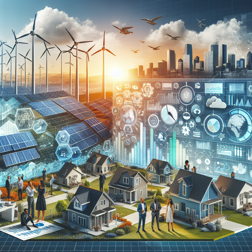 A detailed image showing a variety of clean energy investments. In one section, large solar panels array against a sunrise skyline. In another, wind turbines stand tall against a breezy backdrop. A detailed display of energy-efficient houses dotting a suburban landscape. There can be representations of diverse entrepreneurs - Caucasian woman, Black man, Hispanic male - discussing their plans and investments in clean energy over a table cluttered with blueprints and digital charts. Above all, a large banner saying 'Top Strategies for Climate Action' in bold letters to give an overview of the theme.