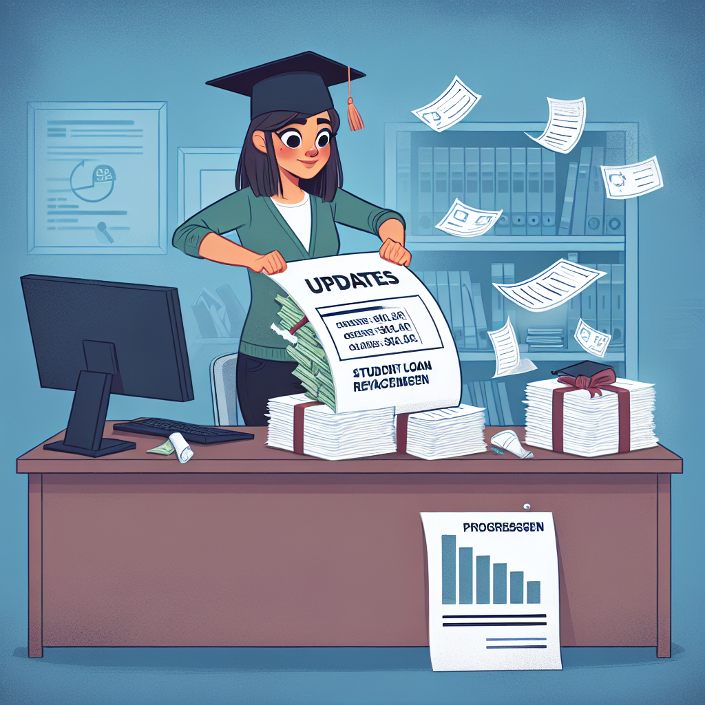 Visualize an image illustrating an update on student loan repayment. The image should depict a clear metaphor of debt being removed or reduced. Perhaps a young, middle-eastern woman, wearing a graduation cap, looking relieved as she tears up a large paper document symbolizing a student loan. Transfer this scene to an office setting with piles of paperwork around, symbolizing different loan forgiveness programs. Include elements like a computer screen showing a progressive bar indicating loan reduction, to signify the updates. The overall tone of the image should be hopeful and positive.