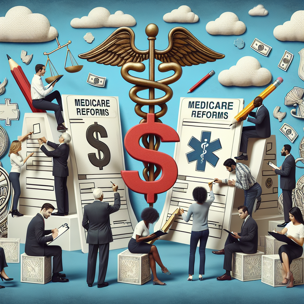 Display a composition illustrating the concept of healthcare reforms through metaphorical elements. Show a group of diverse individuals from various descents such as Caucasian, Hispanic, Black, Middle-Eastern, and South Asian, of different genders, filling out giant Medicare forms with oversized pencils. In the background, include symbols of affordable healthcare such as a dollar sign intertwined with a medical caduceus. Set the scene under a sky with clouds forming the shapes of shields, representing the protective aspect of insurance.