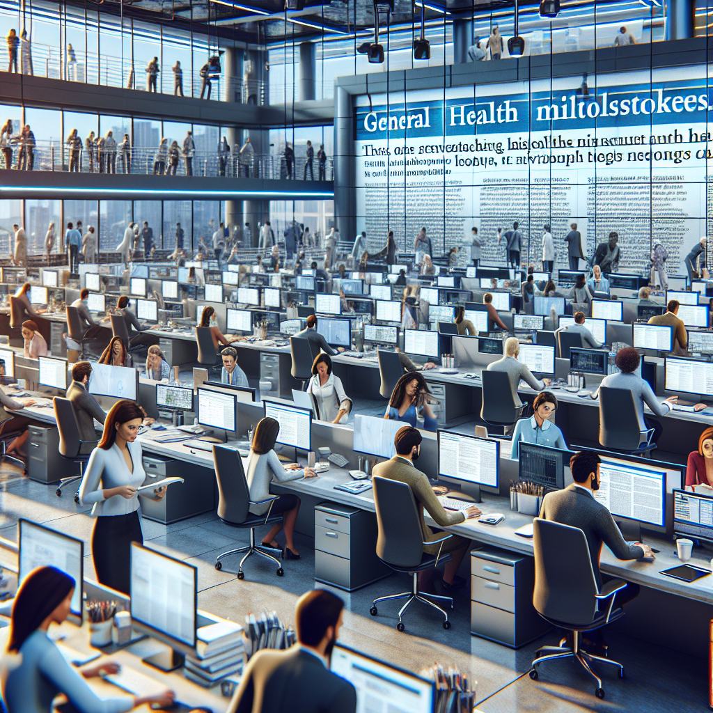 A detailed scene of a modern, bustling newsroom. The large open space is filled with desks, computers, and various office equipment. A group of journalists of diverse gender and descent, including Caucasian, Hispanic, Middle Eastern, and South Asian, are busy at work. Several are researching on their computers, some are engaged in serious discussions, others are on phone calls. On a large digital screen in the background, headlines about general health milestones and significant health news are scrolling. The atmosphere is energetic and professional, signifying the importance and timeliness of the health news being reported.