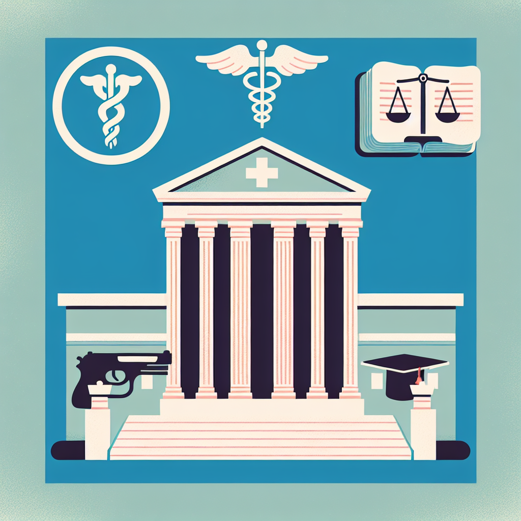 Generate an image representing three major areas of legal rulings: abortion rights, gun laws, and student loans. Include a physical representation of United States Supreme Court building as backdrop. Make sure to include symbols to symbolize each area - a medical symbol to represent abortion rights, a legal scale to represent gun laws, and a graduation cap or student books to represent student loans. Use neutral colors to keep a professional look.